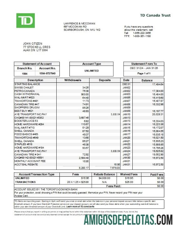 modelo de extrato bancário Canadá TD Canada Trust em branco em formatos Excel e PDF